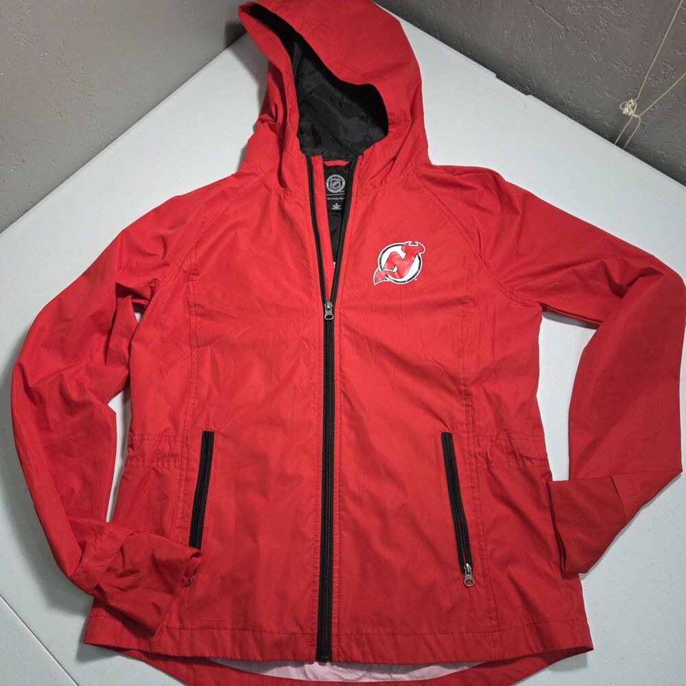 ​NHL New Jersey Devils Jacket Womens M Red Windbreaker Hooded Full Zip G-III